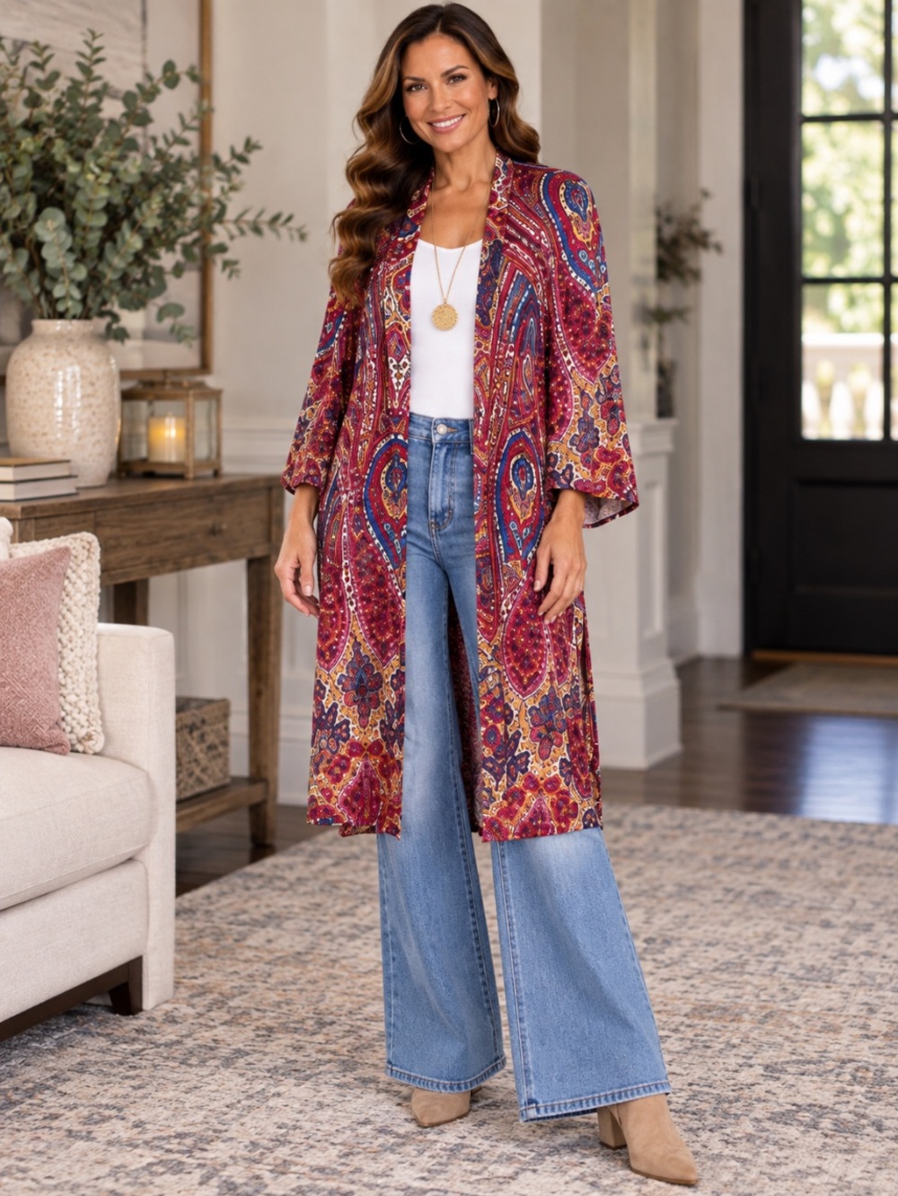 BILLABONG Printed Open-Front Kimono in Fuchsia Multicolor Size: Medium